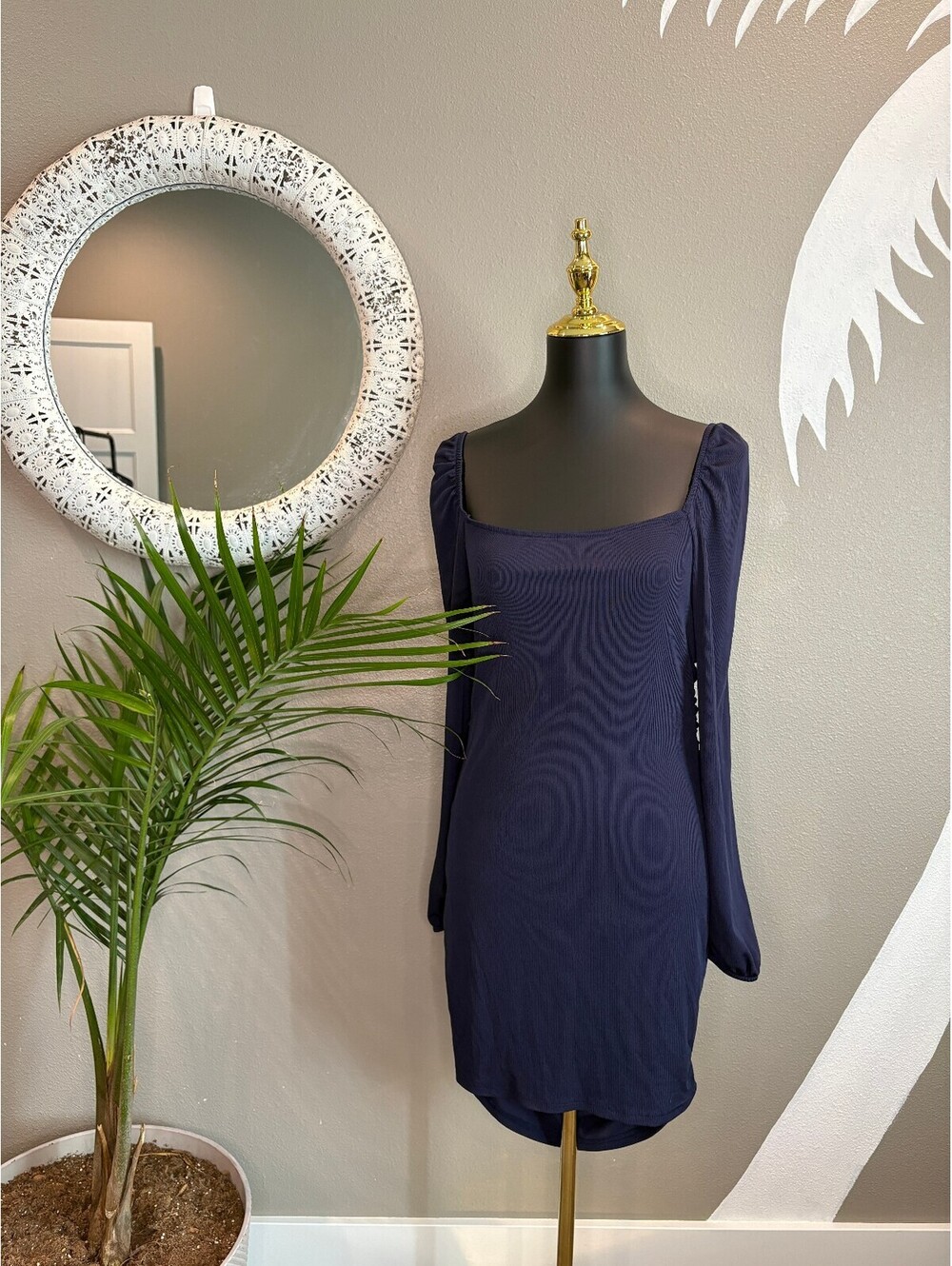 Navy Blue Long Sleeve Bodycon Dress with Square Neckline